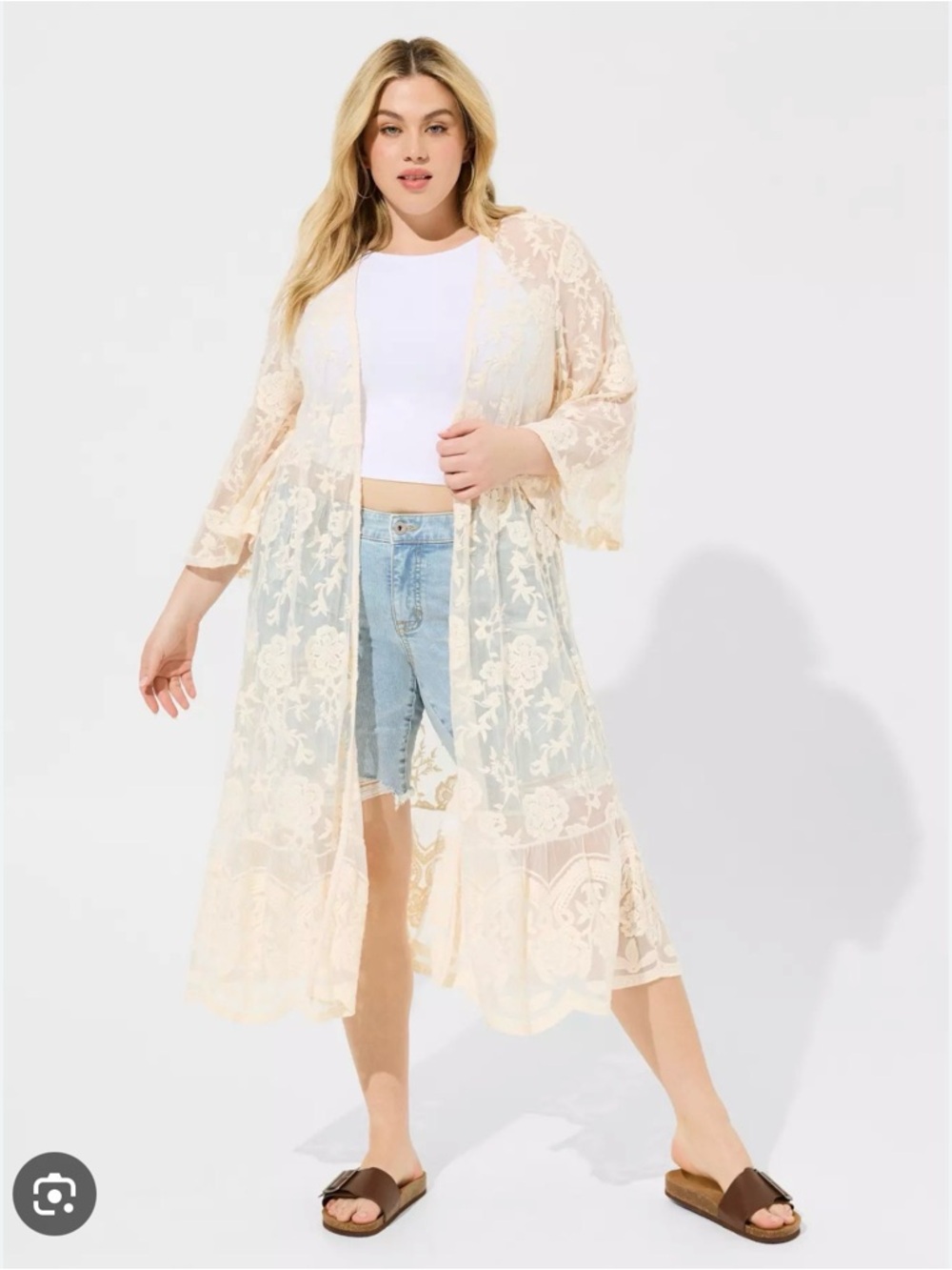Torrid Mesh Embroidered Hi-Low Kimono - Cream